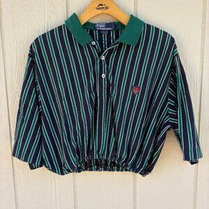 Vintage Polo Ralph Lauren Cropped Polo Shirt Large Blue Green Striped Preppy